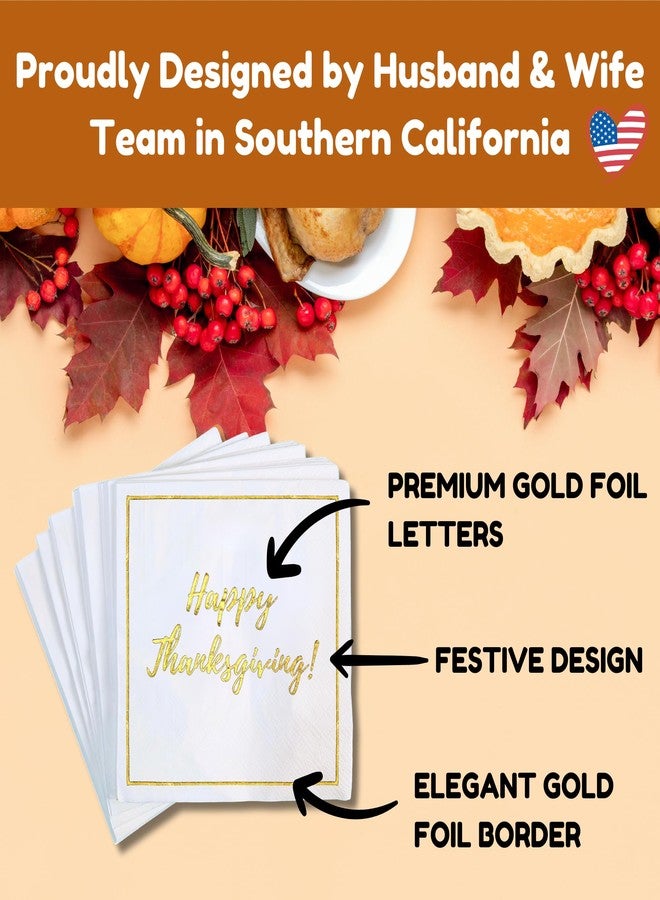 Cloverjoyed Happy Thanksgiving Cocktail Napkins, 50 Pack, Gold Foil Design, Disposable Paper Dinnerware Decorations for Beverages, Dessert, Appetizers - Image 4